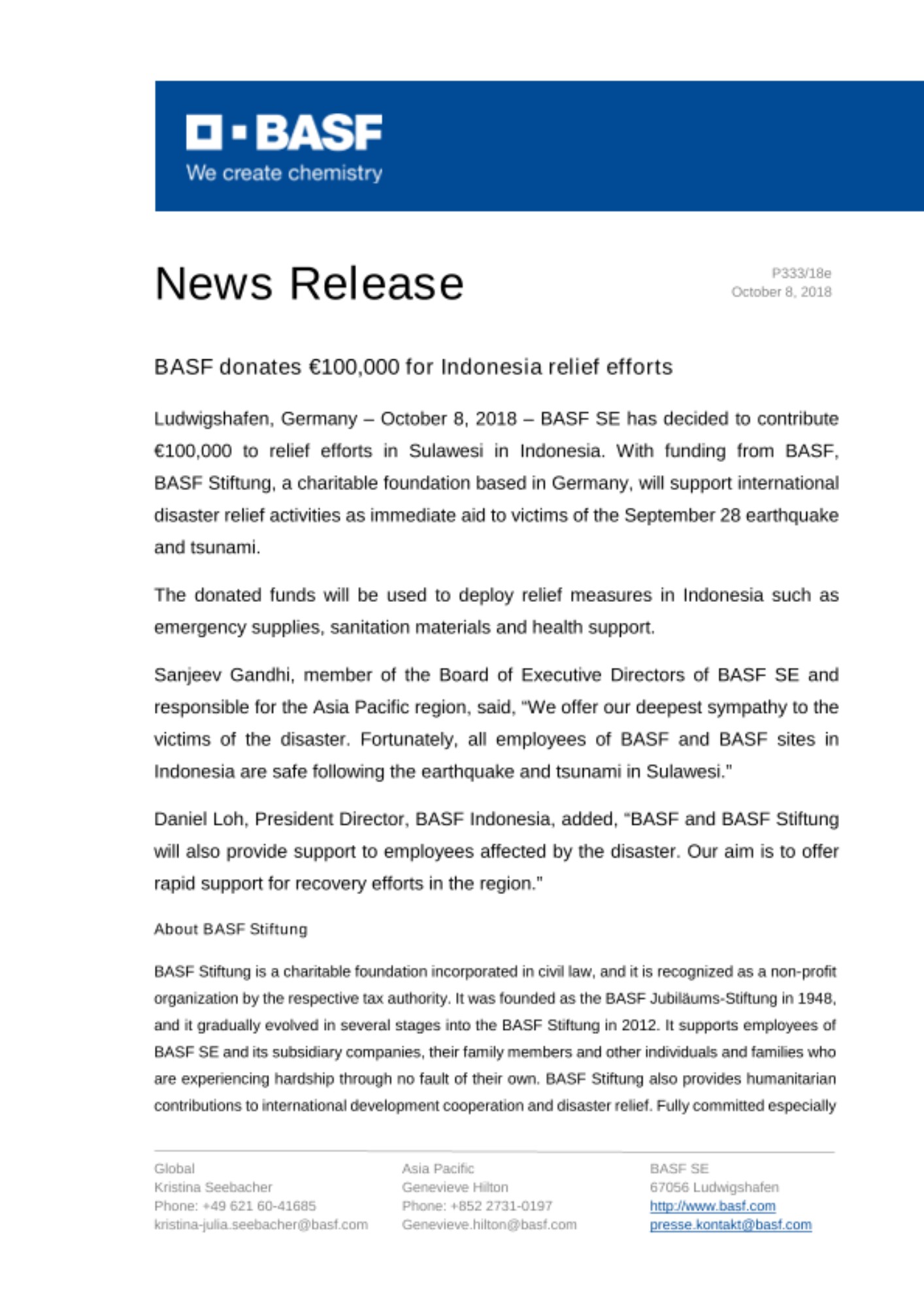 BASF donates €100,000 for Indonesia relief efforts BASF donates €100,000 for Indonesia relief efforts